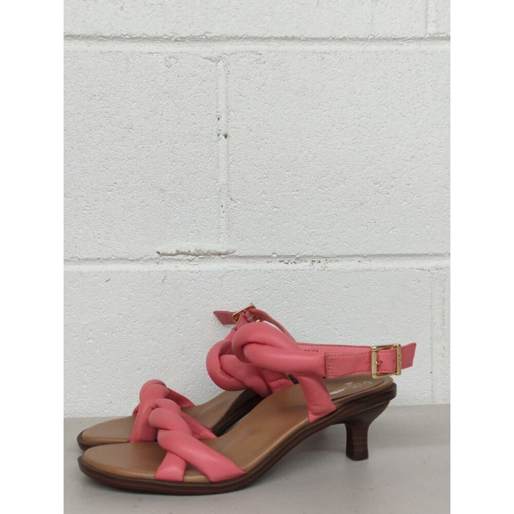 New Vionic Angelica pink short heel sandal sz5 leather braided strappy open toe